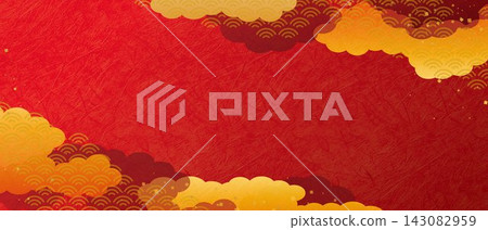 紅色背景、金色雲朵和波浪圖案裝飾著新年慶祝活動。 紅色背景、金色雲朵和波浪圖案裝飾著新年慶祝活動。 143082959