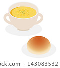 A set of illustrations of warm corn chowder soup and bread. 143083532