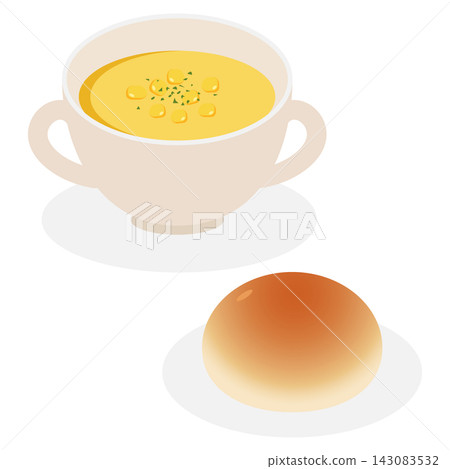 A set of illustrations of warm corn chowder soup and bread. A set of illustrations of warm corn chowder soup and bread. 143083532