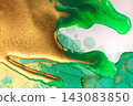 Abstract Original Hand Drawn Green Artwork Liquid Inks Illustration with Gold Glitter and Text Space. 143083850