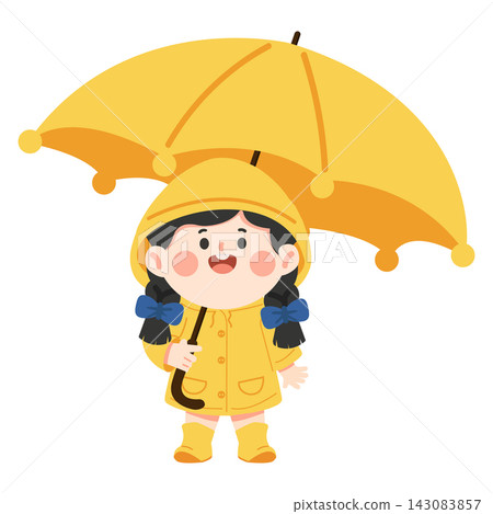 Little girl in yellow raincoat holding umbrella for rain weather protection Little girl in yellow raincoat holding umbrella for rain weather protection 143083857
