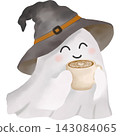 Cute watercolor illustration of a friendly little ghost wearing a floppy witch hat and holding a warm cup of coffee. 143084065