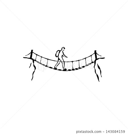 Hand Drawn Icon of Person Crossing Rope Bridge Hand Drawn Icon of Person Crossing Rope Bridge 143084159