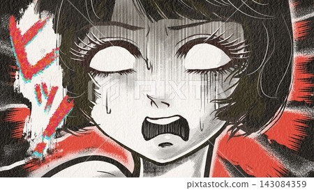 A female protagonist with black hair and white eyes in the style of a Showa retro horror manga, trembling and screaming A female protagonist with black hair and white eyes in the style of a Showa retro horror manga, trembling and screaming 143084359