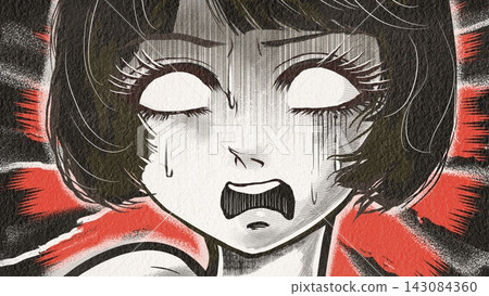 昭和復古恐怖漫畫風格的黑髮白眼女主角,顫抖著尖叫 昭和復古恐怖漫畫風格的黑髮白眼女主角,顫抖著尖叫 143084360