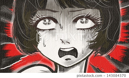 昭和復古恐怖漫畫風格的黑髮白眼女主角,顫抖著尖叫 昭和復古恐怖漫畫風格的黑髮白眼女主角,顫抖著尖叫 143084370