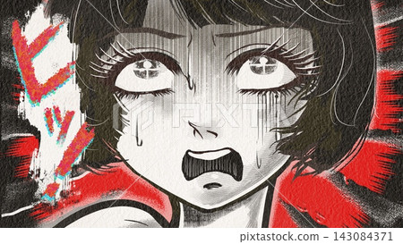 昭和復古恐怖漫畫風格的黑髮白眼女主角,顫抖著尖叫 昭和復古恐怖漫畫風格的黑髮白眼女主角,顫抖著尖叫 143084371