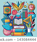 Posters or covers in a trendy doodle style with geometric shapes, bold design elements and modern typography. Back to school, college, education, learning concept. Templates for advertising, branding 143084444