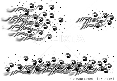 Graphics featuring undulating curves, swirling waves, and splashes of water. Graphics featuring undulating curves, swirling waves, and splashes of water. 143084461