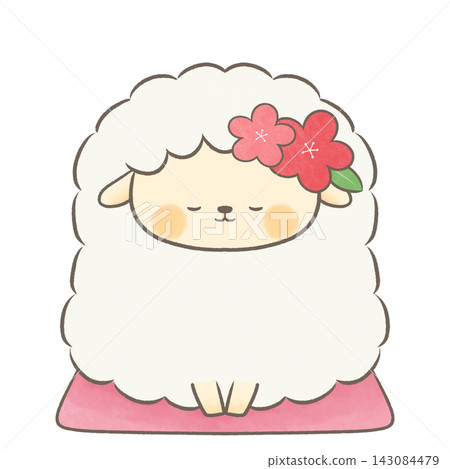 A sheep sitting with a hair ornament on its head. A sheep sitting with a hair ornament on its head. 143084479