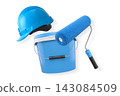 Construction helmet, paint roller, brush and paint bucket isolated on white background, representing painting and renovation tools 143084509
