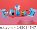 Set of kitchen appliances including mixer, toaster, blender, and coffee maker on white colorful podium and background 143084547