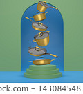 Set of kitchen cookware set with lids floating in midair, over colorfull podium and backdrop, concept of premium utensils 143084548