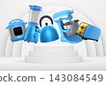 Set of kitchen appliances and utensils floating in mid-air over podium and abstract background, modern cooking concepts 143084549