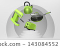 Floating kitchen appliances like toaster, kettle, coffee maker and pan on podium minimal white background, concept of cooking tool 143084552