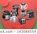 Set of kitchen appliances including mixer, toaster, blender, and coffee maker on white colorful podium and background 143084554