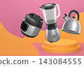 Set of kitchen appliances including a pressure cooker, blender, and kettle floating over podium on abstract background 143084555