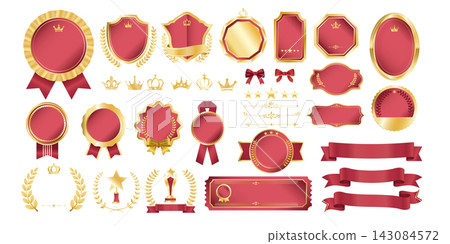 A luxurious gold and red medal, badge, and ribbon decoration set with a crown and laurel wreath frame. 143084572