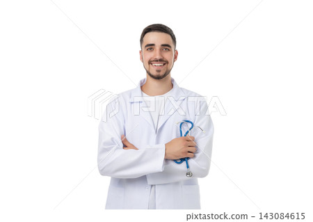 Friendly doctor poses with arms crossed and stethoscope, isolated, PNG Friendly doctor poses with arms crossed and stethoscope, isolated, PNG 143084615