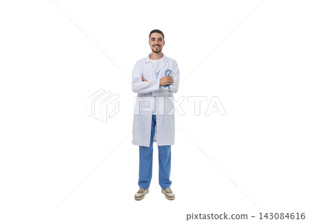 Man in lab coat stands confidently with stethoscope, isolated, PNG 143084616