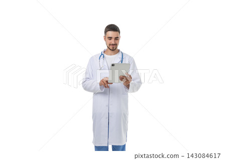 Doctor using a tablet for medical tasks, isolated, PNG Doctor using a tablet for medical tasks, isolated, PNG 143084617