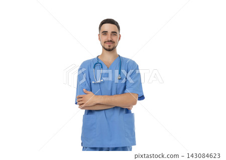 Confident male doctor in blue scrubs, isolated, PNG Confident male doctor in blue scrubs, isolated, PNG 143084623