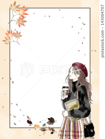 秋日女子被紅葉和落葉環繞(水彩畫框) 秋日女子被紅葉和落葉環繞(水彩畫框) 143084707