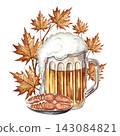 A mug of beer, a fish snack. Hand drawn watercolor illustration. Decorated with autumn leaves. For Oktoberfest, flyers, posters, invitations. For pub menus and much more. 143084821