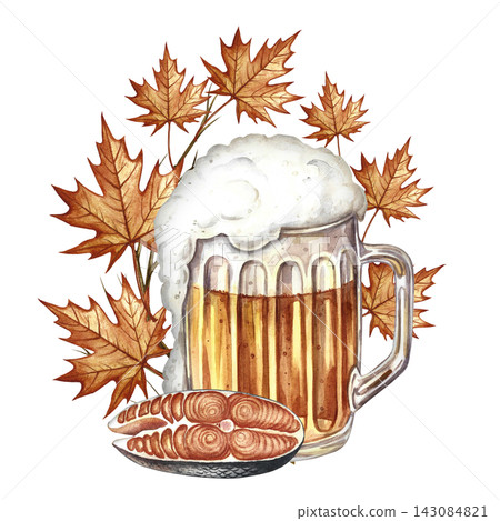 A mug of beer, a fish snack. Hand drawn watercolor illustration. Decorated with autumn leaves. For Oktoberfest, flyers, posters, invitations. For pub menus and much more. 143084821