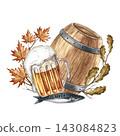 A wooden barrel and a glass mug with beer, a fish snack. Hand drawn watercolor illustration. A beer arrangement decorated with autumn leaves. For Oktoberfest, flyers, posters, invitations, and more. 143084823