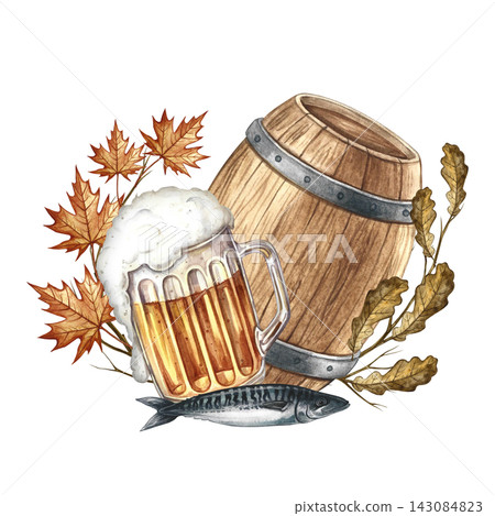 A wooden barrel and a glass mug with beer, a fish snack. Hand drawn watercolor illustration. A beer arrangement decorated with autumn leaves. For Oktoberfest, flyers, posters, invitations, and more. A wooden barrel and a glass mug with beer, a fish snack. Hand drawn watercolor illustration. A beer arrangement decorated with autumn leaves. For Oktoberfest, flyers, posters, invitations, and more. 143084823