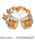 Two beer mugs are clashing against each other. A hand drawn watercolor illustration. Decorated with autumn leaves. For Oktoberfest, flyers, posters, invitations, pub menus, labels, and more. 143084825