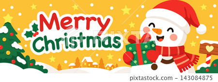 Christmas banner with cheerful snowman, gift box, decorated tree, snowy village, Santa hat, scarf, stars, holly, and colorful festive vector artwork on a yellow background. Christmas banner with cheerful snowman, gift box, decorated tree, snowy village, Santa hat, scarf, stars, holly, and colorful festive vector artwork on a yellow background. 143084875