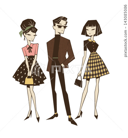 Retro fashion illustration of stylish models in 1950s 1960s vintage outfit Retro fashion illustration of stylish models in 1950s 1960s vintage outfit 143085086