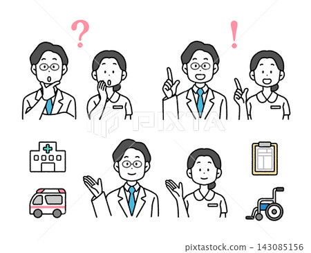 Simple and easy-to-use illustrations of doctor and nurse expressions | Questions, explanations, and guidance Simple and easy-to-use illustrations of doctor and nurse expressions | Questions, explanations, and guidance 143085156