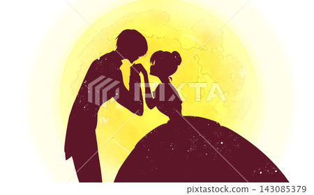 A prince kisses the back of the princess's hand; silhouette; moon. A prince kisses the back of the princess's hand; silhouette; moon. 143085379
