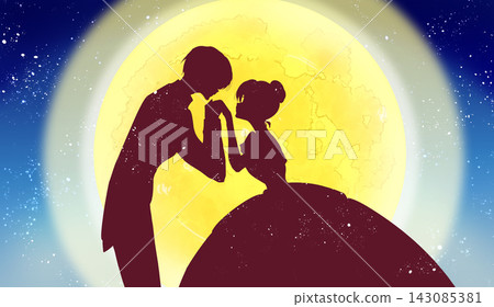 A prince kisses the back of the princess's hand; silhouette; moon. A prince kisses the back of the princess's hand; silhouette; moon. 143085381