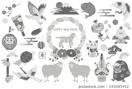 New Year's lucky charm items and monochrome illustration set for the Year of the Sheep New Year's lucky charm items and monochrome illustration set for the Year of the Sheep 143085452