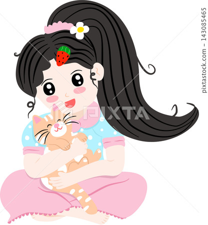 Cute Girl in Pink Pajamas Holding Little Cat Cute Girl in Pink Pajamas Holding Little Cat 143085465