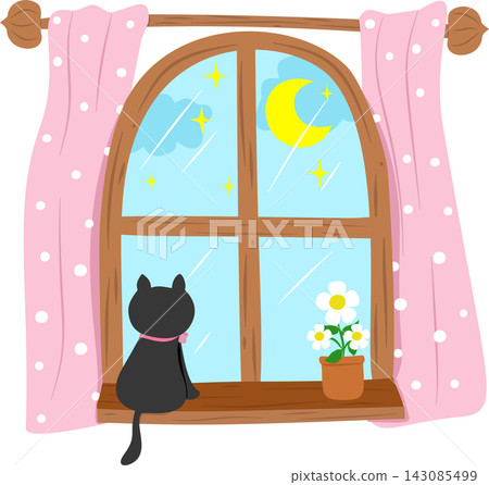 Night Wooden Window with Pink Curtains and Black Cat Night Wooden Window with Pink Curtains and Black Cat 143085499