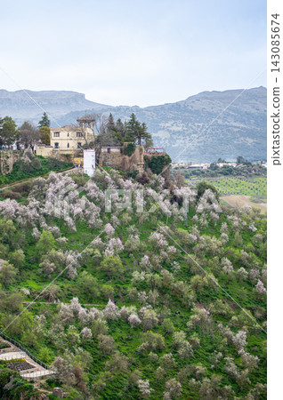 Panoramic view of surrounding landscapes and mountains from scenic elevated viewpoint in Ronda, Spain. Panoramic view of surrounding landscapes and mountains from scenic elevated viewpoint in Ronda, Spain. 143085674