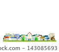 An illustration of a colorful streetscape with a school. 143085693