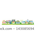 A street scene illustration featuring a bank. 143085694