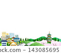 A townscape with cherry blossoms and a three-story pagoda in view 143085695