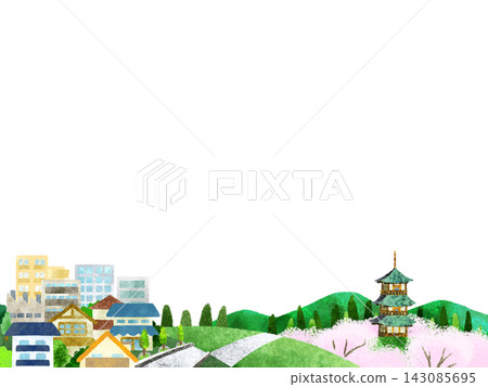 A townscape with cherry blossoms and a three-story pagoda in view 143085695