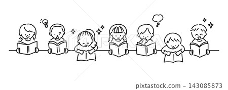 Illustrations of children enjoying reading (monochrome) Illustrations of children enjoying reading (monochrome) 143085873