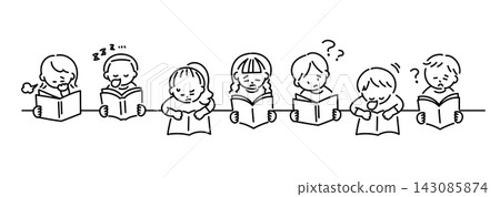 Illustrations (black and white) of children who are having trouble reading. Illustrations (black and white) of children who are having trouble reading. 143085874