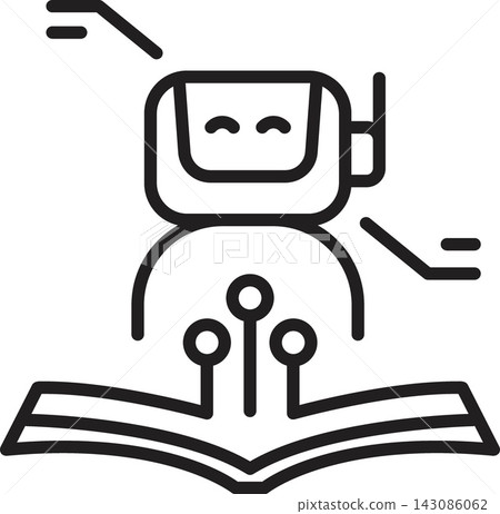 Friendly robot reading book with AI automation, simple black line illustration suggesting learning, education, technology, curiosity and digital knowledge Friendly robot reading book with AI automation, simple black line illustration suggesting learning, education, technology, curiosity and digital knowledge 143086062