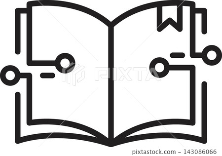 Open book illustration with bookmark and connected digital automation symbol Open book illustration with bookmark and connected digital automation symbol 143086066