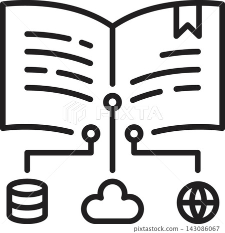 Open book icon with cloud, globe, database and bookmark symbol for AI automation, digital learning, data storage and global information access 143086067